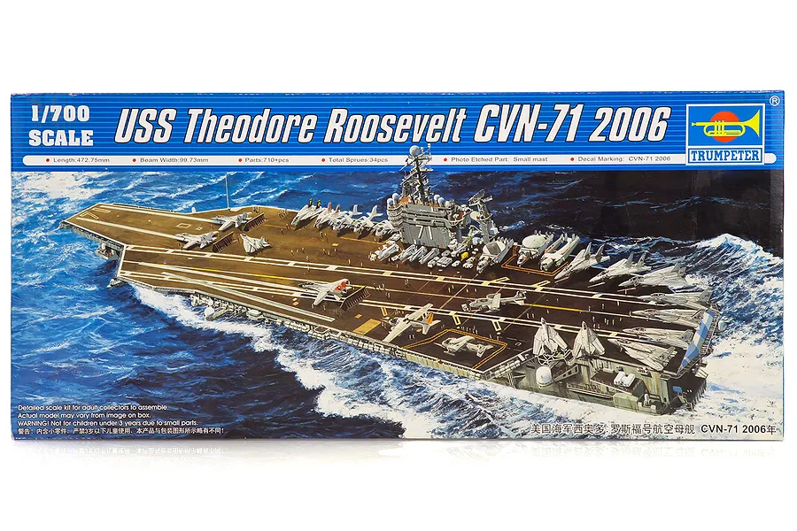 Trumpeter 1/700 scale model kit box for the USS Theodore Roosevelt CVN-71 2006 aircraft carrier, featuring an illustration of the ship at sea.
