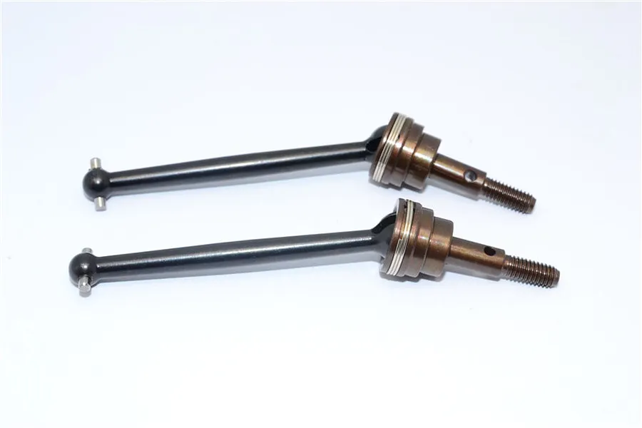 Two black metal CVD drive shafts with spring steel joints for RC cars, shown against a plain white background.