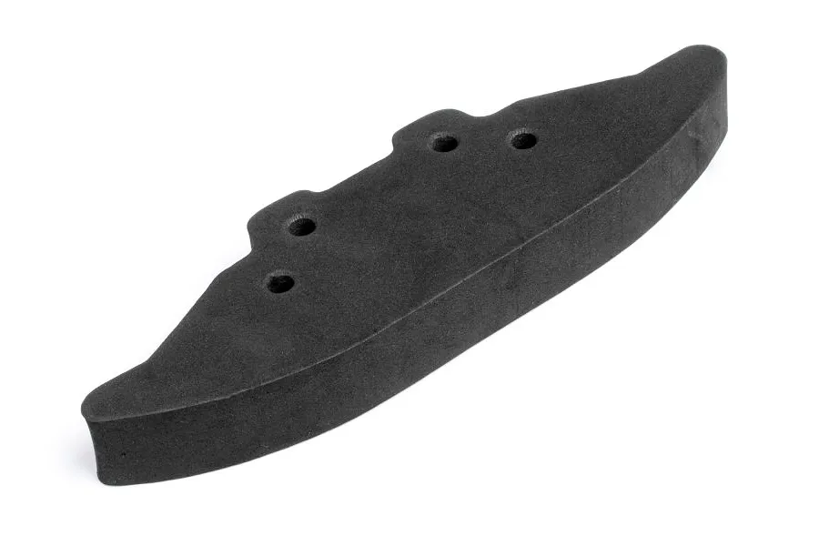 A black foam front bumper for an RC car, featuring a curved design with pre-drilled mounting holes.