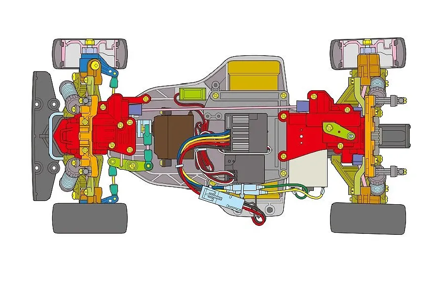 Top-down diagram of a Tamiya TA-02 RC car chassis showing the internal layout of components, suspension, and drivetrain.