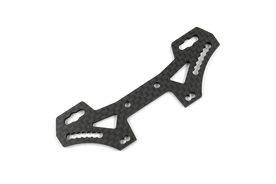 A carbon fibre rear shock tower for a Tamiya TT-02 RC car, featuring multiple mounting holes for suspension adjustment.