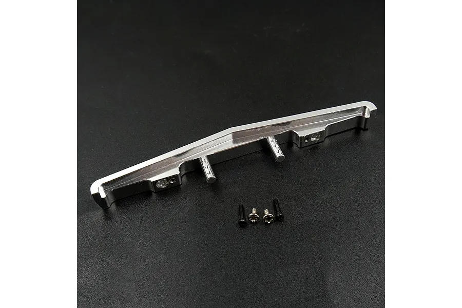 A silver aluminium front bumper for an RC crawler with four small mounting screws on a black background.