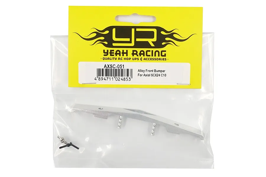 Yeah Racing silver aluminium front bumper for Axial SCX24 C10 in original retail packaging.