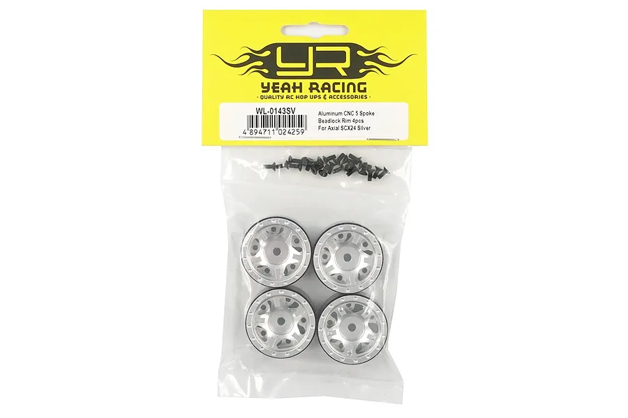 Yeah Racing Silver Aluminium SCX24 1&amp;quot; 5 Spoke Beadlock Rock Crawler Rims 4Pcs w/ Hardware image 51100
