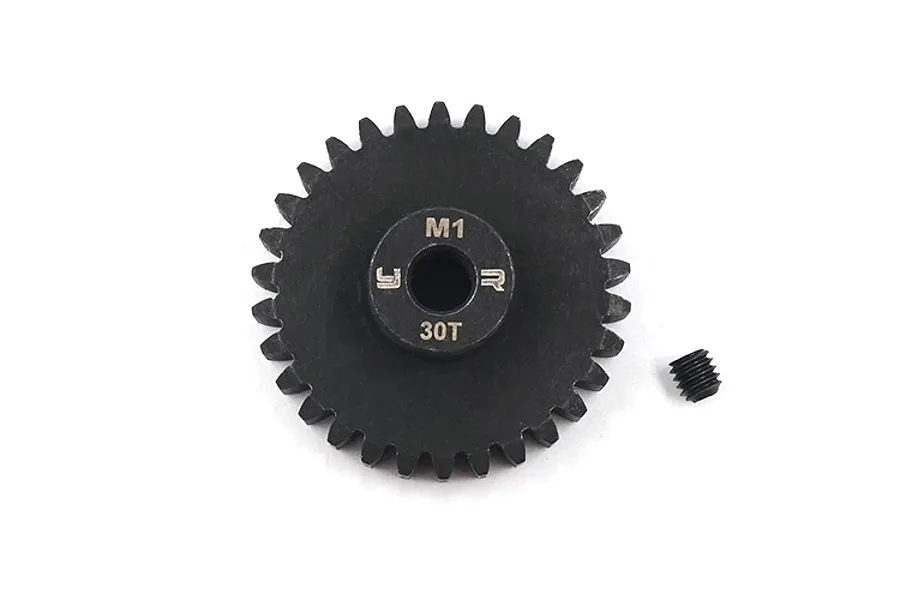 A black Yeah Racing 30T 1Mod steel pinion gear with a grub screw on a white background.