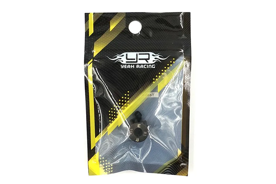 A Yeah Racing 11T 1Mod steel pinion gear inside its original branded black and yellow plastic retail packaging.