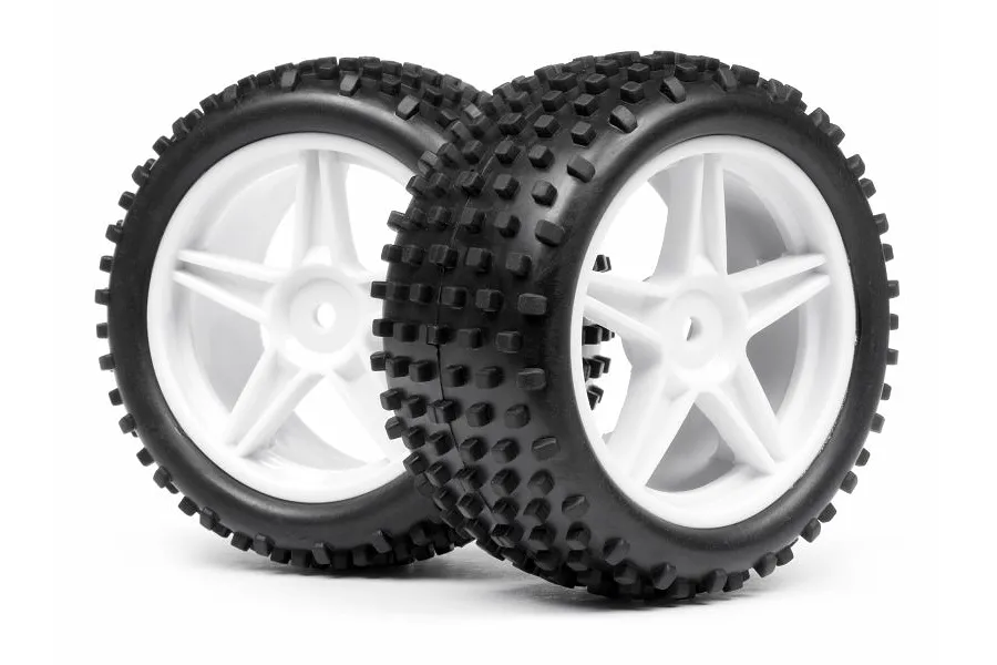 Two 1/10 scale RC buggy wheels with black knobby rubber tyres mounted on white five-spoke plastic rims.