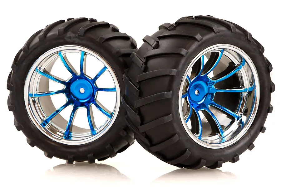 HSP 2.8&amp;quot; Off Road V-Groove Tyres on 10 Spoke Chrome Blue Rims - Wheels 2Pcs image 51450