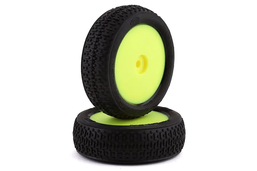 Losi 1.6&amp;quot; Mini-B 2.0 Front Taper Pin Off Road Tyres on Yellow Rims - Glued Wheels 2Pcs image 51543