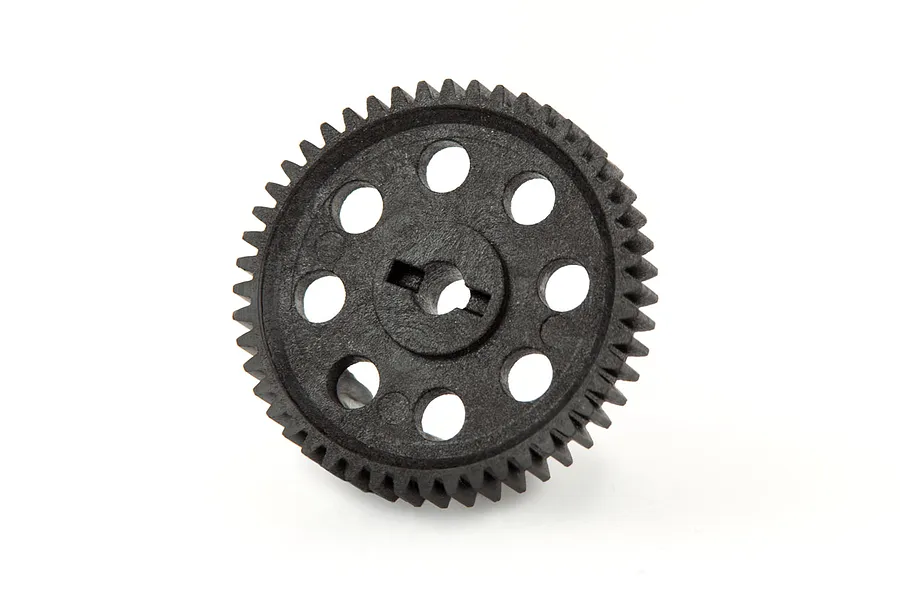 A black plastic 48T spur gear for an RC car, featuring a central keyed hole and six circular weight-reduction cutouts.