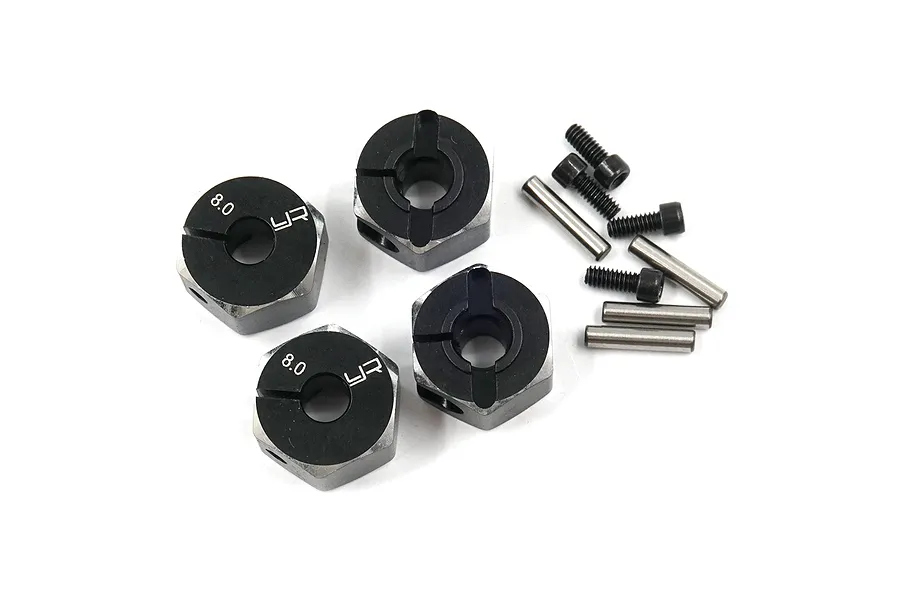 Four black aluminium wheel hexes with 8.0 markings, accompanied by four metal screw pins and four small black set screws on a white background.