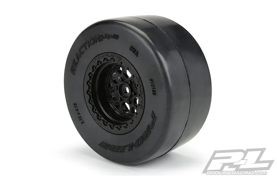 A single Pro-Line Reaction+ HP belted wide drag racing slick tyre mounted on a black beadlock-style wheel against a white background.