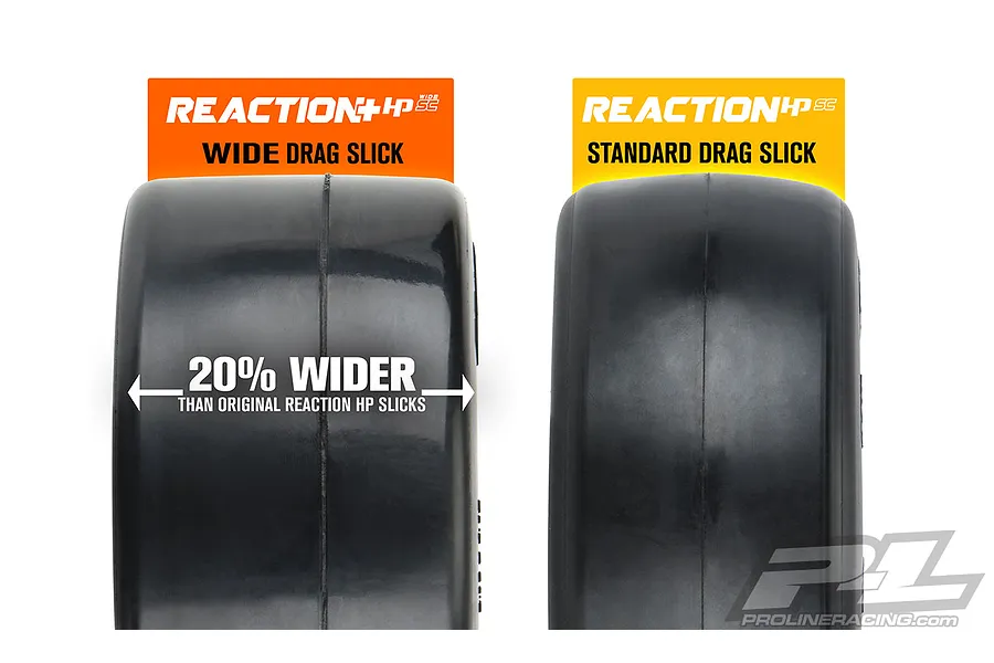 Comparison image showing a Pro-Line Wide Drag Slick tyre next to a Standard Drag Slick tyre, highlighting the 20% wider profile.