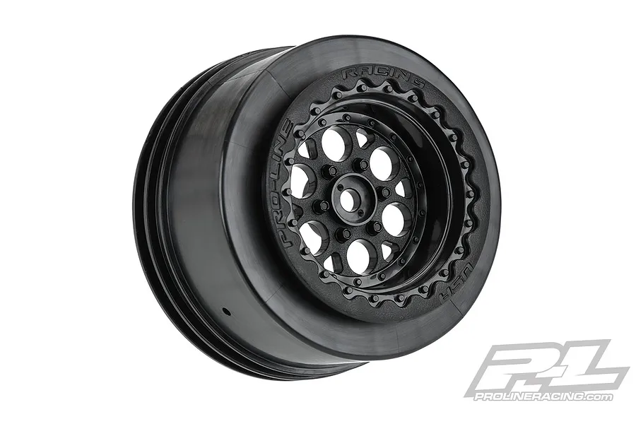 A black Pro-Line Showtime+ wide RC wheel rim isolated on a white background, featuring a multi-spoke design and beadlock-style detailing.
