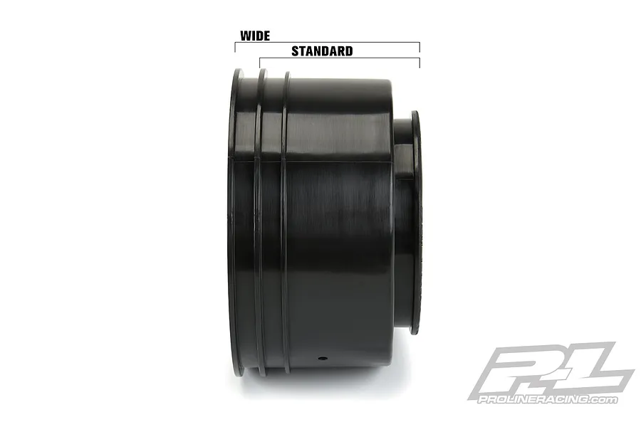 Side view of a black Pro-Line RC wheel rim comparing wide and standard width profiles.