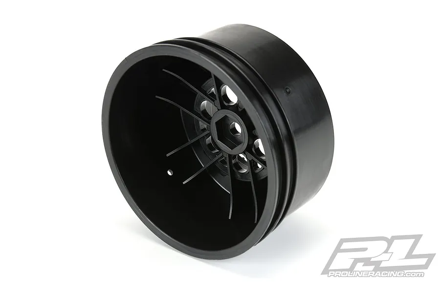 A single black Pro-Line Showtime+ RC wheel rim viewed from an angle against a white background.
