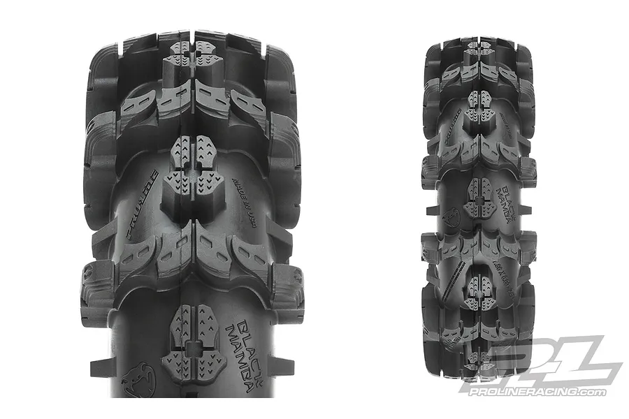 Two views of a Pro-Line Interco Black Mamba mud terrain RC tyre showing the aggressive tread pattern and sidewall branding.