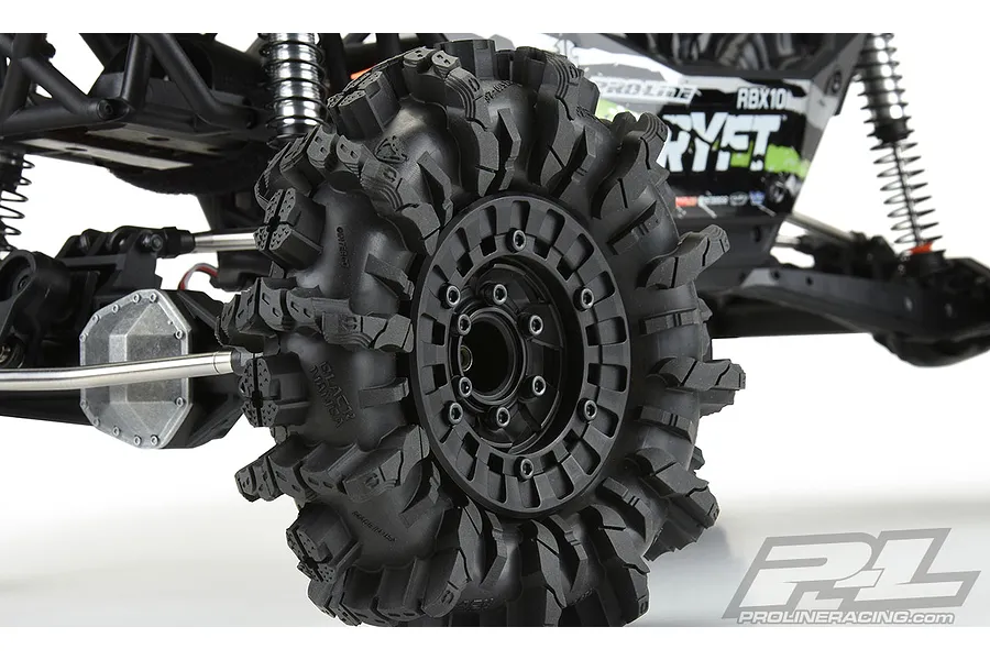 Close-up of a Pro-Line Interco Black Mamba mud terrain tyre mounted on an RC rock racer vehicle.