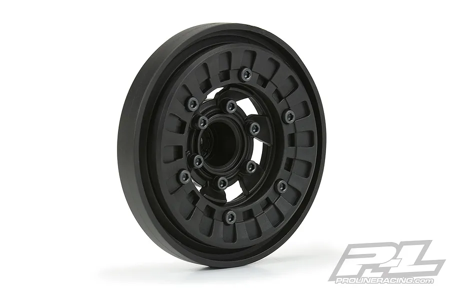 A black Pro-Line 2.6 inch Vice CrushLock beadlock rock crawler rim viewed from a slight angle against a white background.