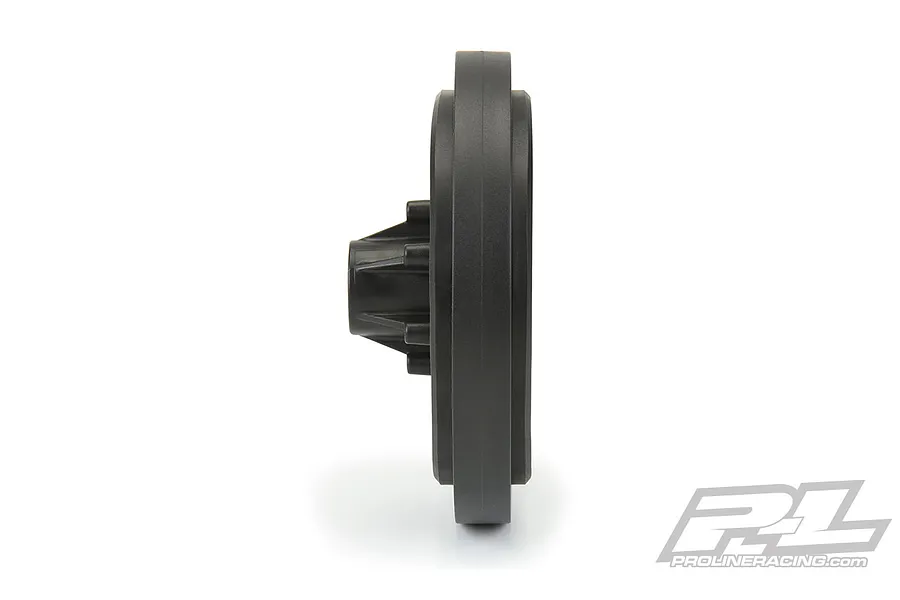 Side profile view of a black Pro-Line RC rock crawler rim on a white background.