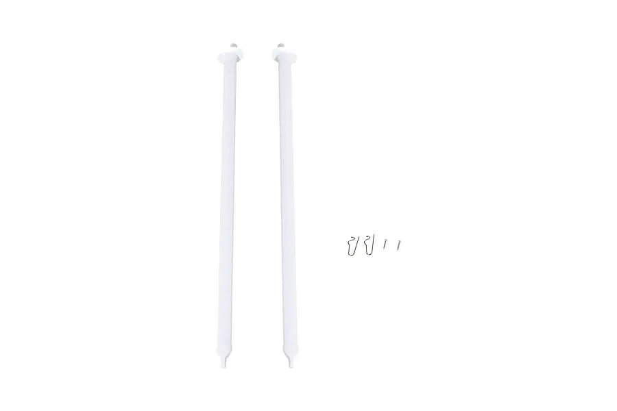 Two white FMS RC airplane wing struts with small metal mounting clips on a white background.