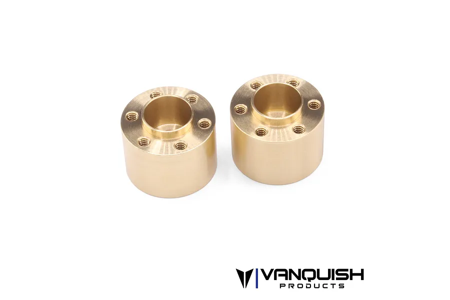 Two cylindrical brass Vanquish SLW 600 wheel hex hubs shown from an elevated angle against a white background.