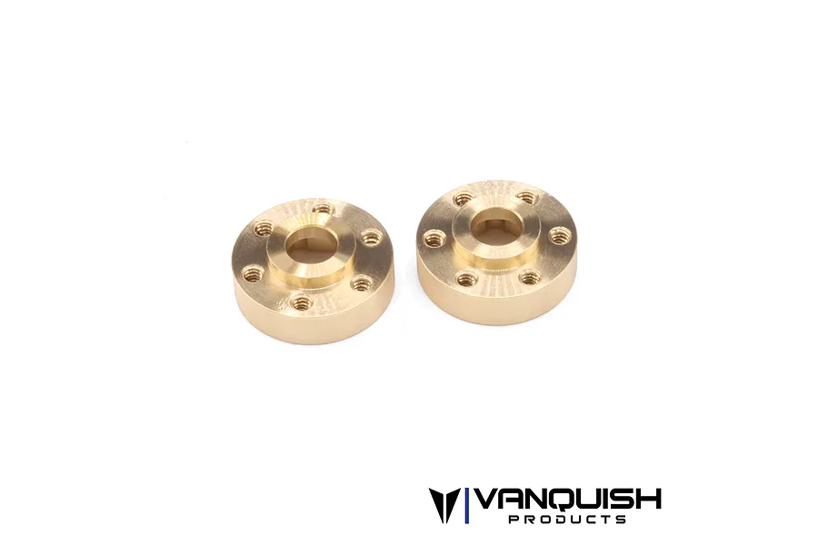 Two circular brass Vanquish SLW wheel hex hubs with threaded holes, isolated on a white background.