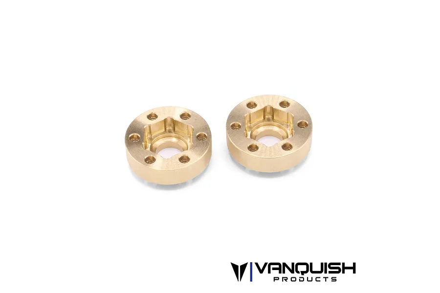 Two brass Vanquish SLW 225 beadlock wheel hex hubs shown from a top-down angle on a white background.