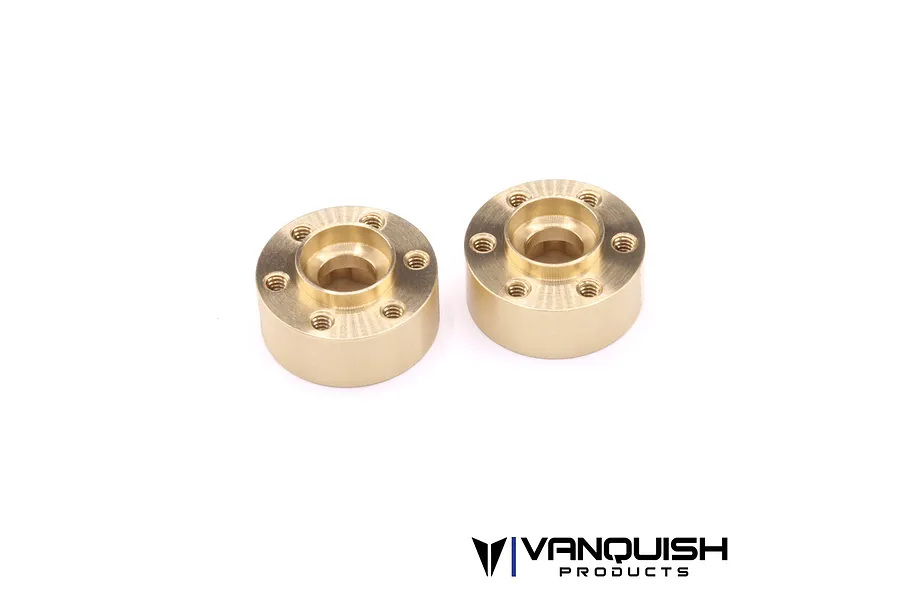 Two Vanquish brass SLW 350 beadlock wheel hex hubs shown from an angled top-down perspective against a white background.