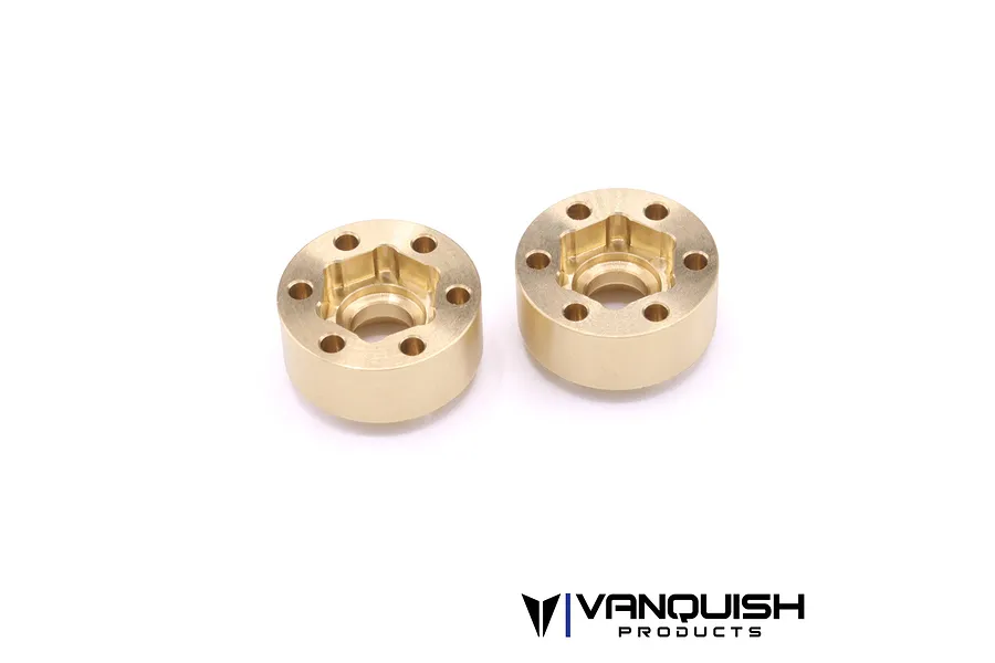 Two Vanquish brass SLW 350 wheel hex hubs for RC crawlers, shown from a top-down angle on a white background.