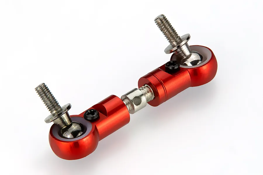 A red anodized aluminium RC servo steering linkage with ball joints and threaded studs on a white background.