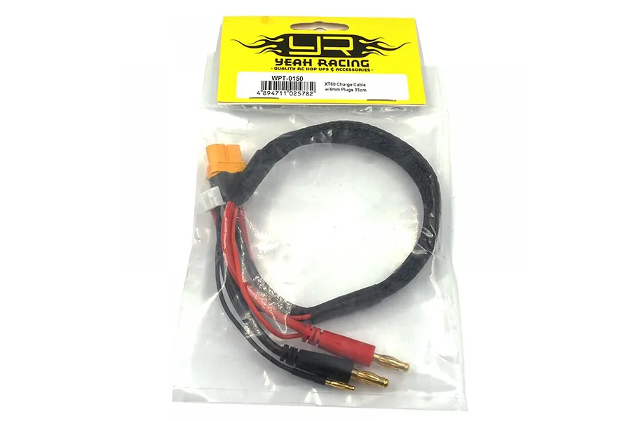 Yeah Racing 35cm XT60 charging cable with 4mm bullet connectors in original retail packaging.