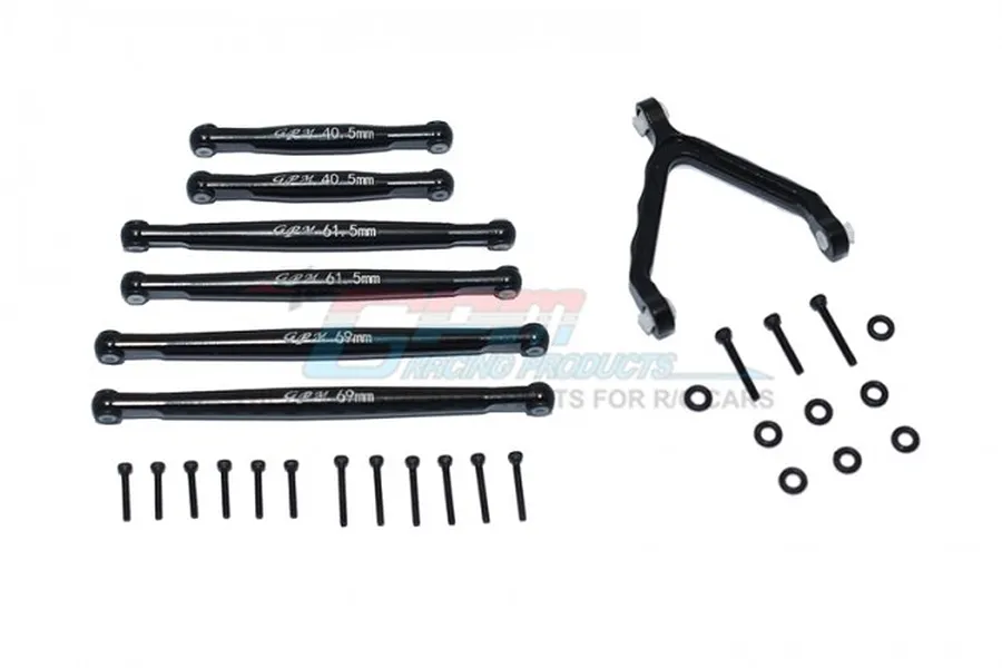 GPM Racing black aluminium suspension linkage set with front upper link mount and hardware for RC cars.