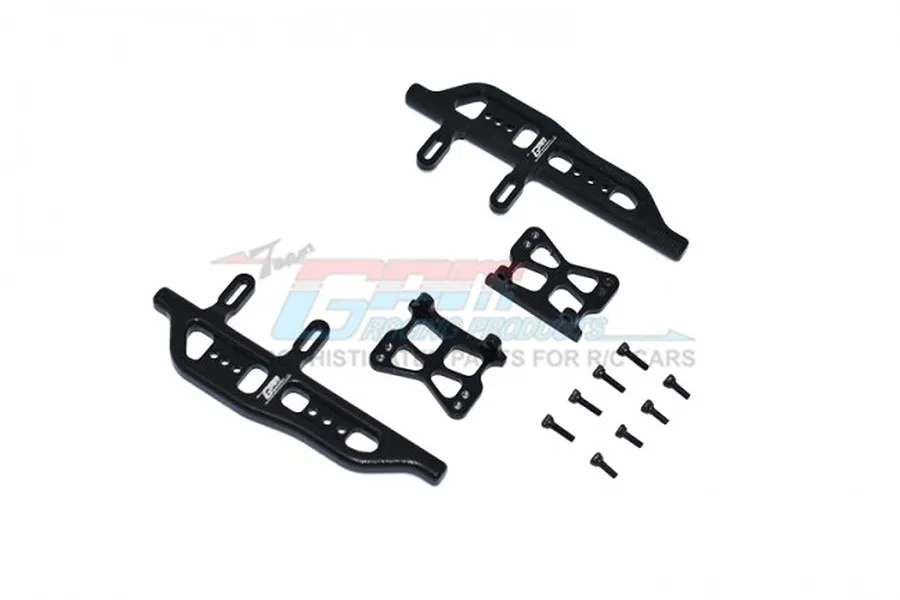 GPM Racing black aluminium side steps set for RC cars, including mounting brackets and screws, displayed on a white background.