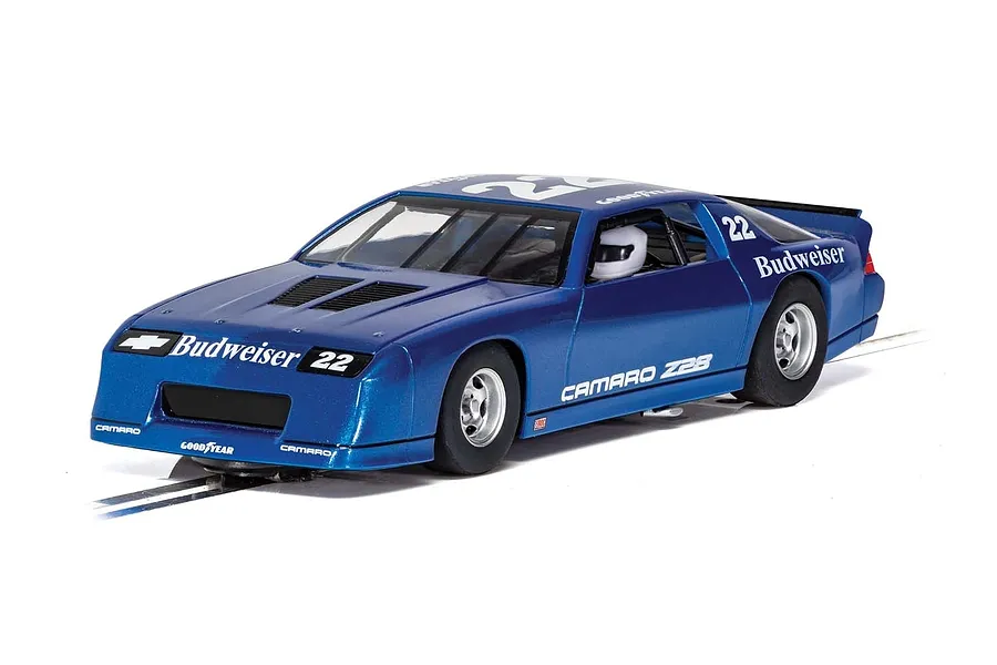 A blue Scalextric 1/32 scale Chevrolet Camaro IROC-Z slot car with number 22 and Budweiser branding on a white background.