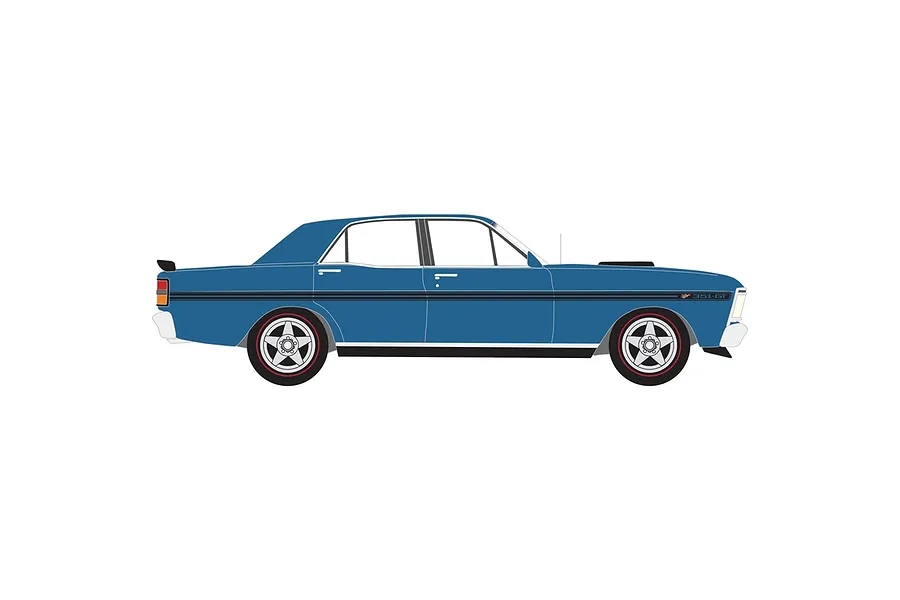 A side-profile digital illustration of a blue Ford XY Falcon GT-HO Phase III slot car on a white background.