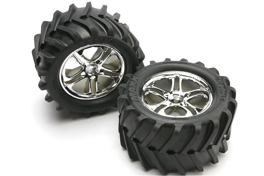 Traxxas 3.8&amp;quot; Maxx Chevron Tyres on SS Chrome Split-Spoke Rims - Glued Wheels 2Pcs image 5345