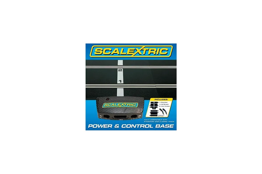 Scalextric Power and Control Base unit with carbon fiber finish, featuring two controller ports and branding on a blue background.