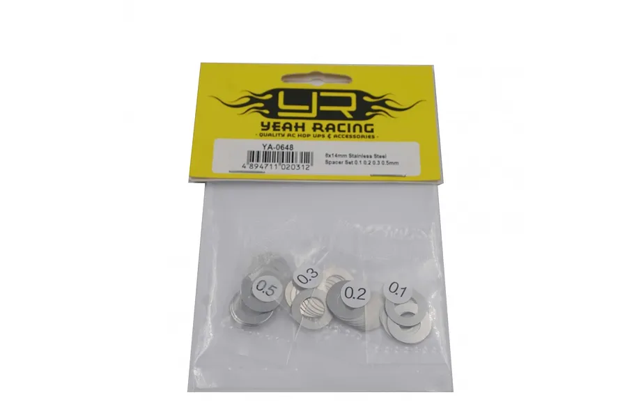 Yeah Racing stainless steel washer shim set in a clear plastic bag with a yellow header card showing the brand logo and product details.