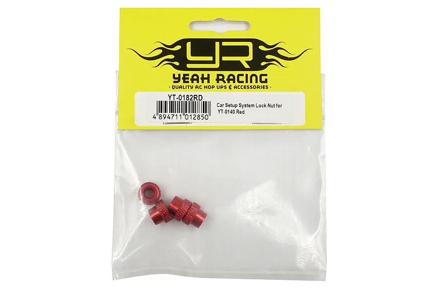 Four red aluminium lock nuts for an RC car setup system in a sealed Yeah Racing branded plastic bag.