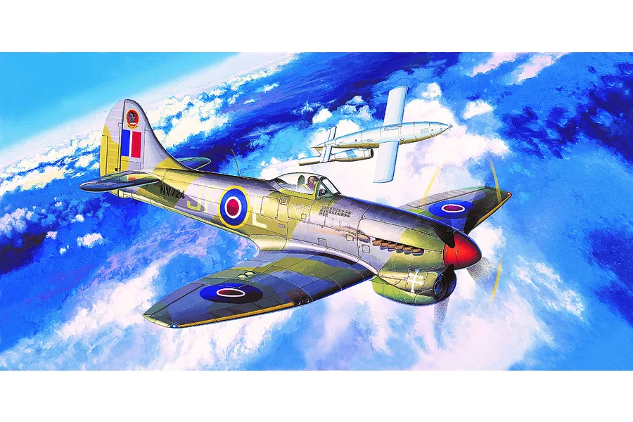 An illustration of a Hawker Tempest V fighter plane flying above clouds, chasing a V-1 flying bomb in a blue sky.
