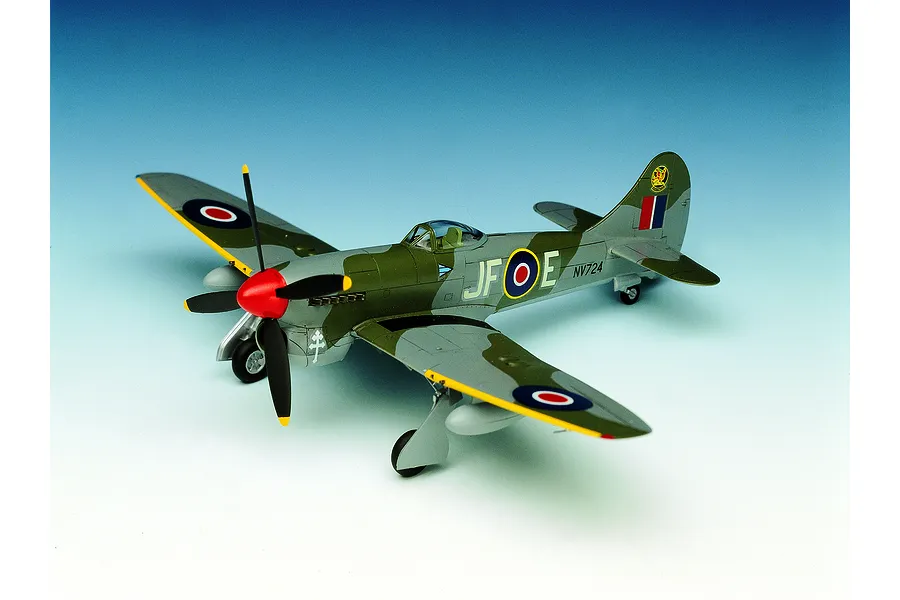 A completed 1/72 scale plastic model kit of a Hawker Tempest V fighter aircraft, painted in RAF camouflage with red spinner and JF-E markings.