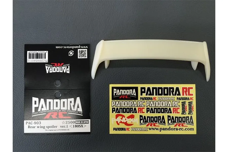 Pandora RC 1/10 scale rear wing spoiler for 180SX, including header card packaging and a sheet of Pandora RC brand decals.