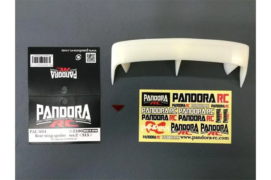 Pandora RC 1/10 scale rear wing spoiler version 2 for S15, including header card and decal sheet on a grey surface.