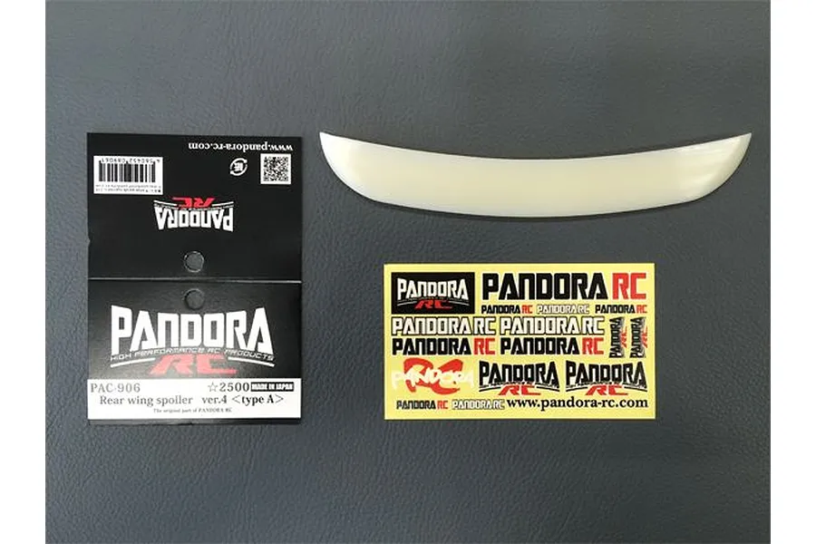 Pandora RC 1/10 scale rear wing spoiler version 4 type A, including packaging header card and a sheet of Pandora RC brand decals.