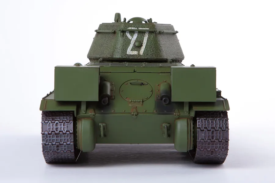 Rear view of an assembled and painted 1/35 scale Academy USSR T-34/76 tank model kit showing the rear hull, tracks, and turret with the number 27.
