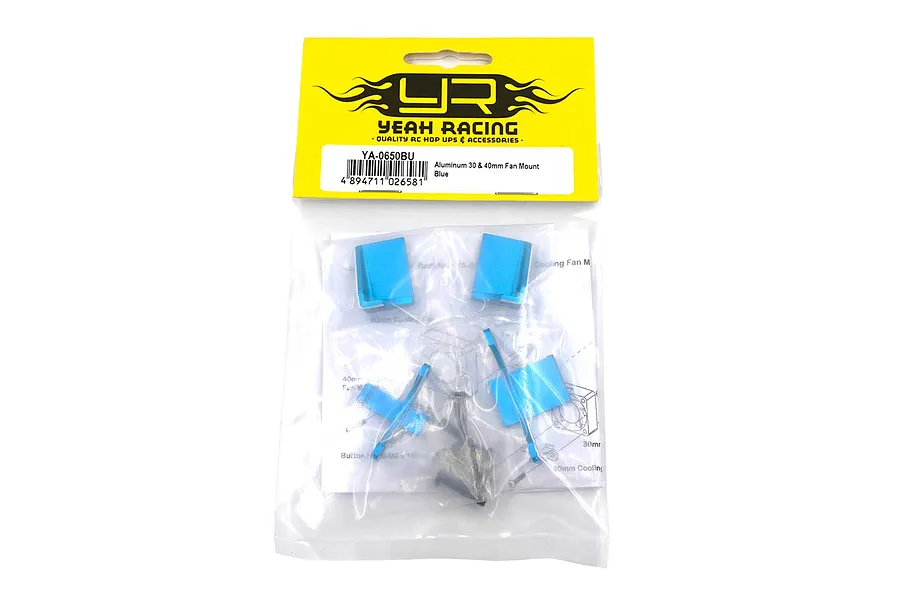 Yeah Racing blue aluminium 30mm and 40mm fan mount kit in original retail packaging.