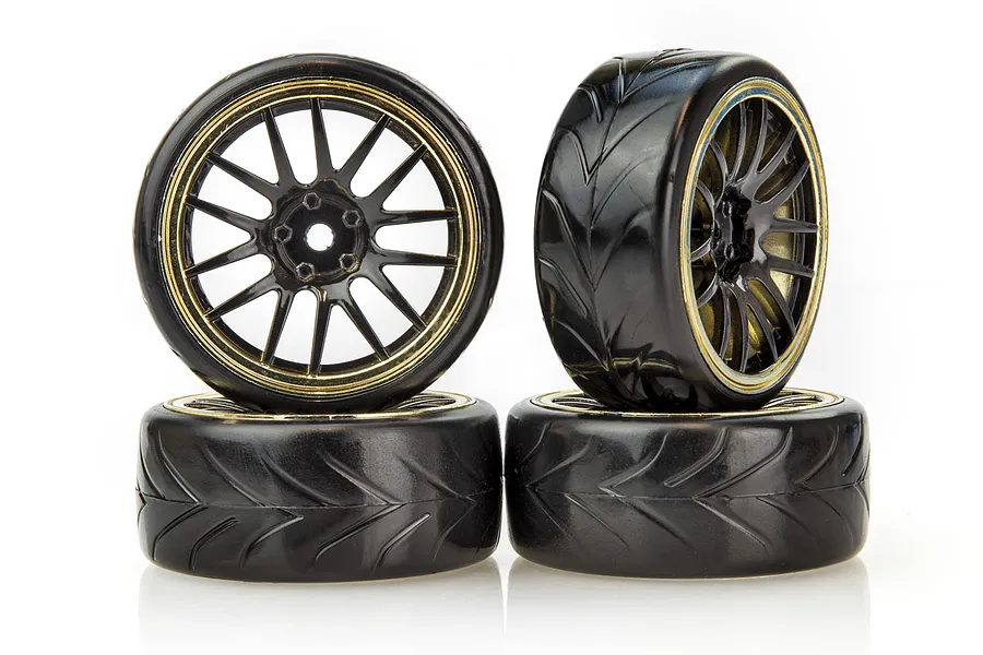 Vision RC 1.9&amp;quot; V-Pattern Drift Tyres on Spoke Black Rims - Glued Wheels 4Pcs image 54822