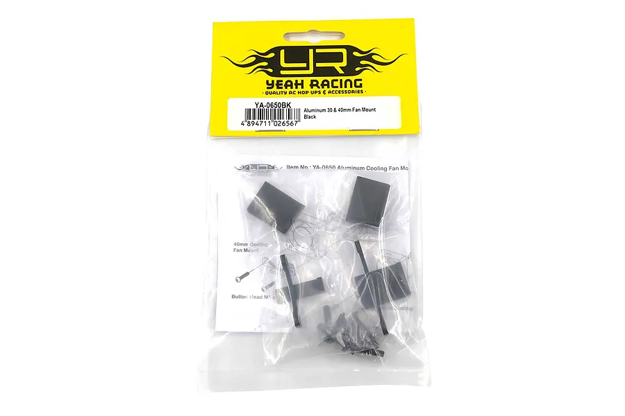 Yeah Racing black aluminium 30mm and 40mm fan mount kit in original retail packaging.
