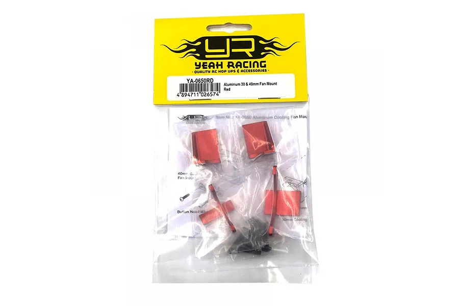 Yeah Racing red aluminium fan mount kit for 30mm and 40mm fans in original retail packaging.